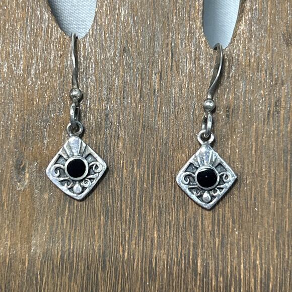 Sterling .925 Earrings 1 1/8” Poma Drop Jewelry Black Round Stone Drop Pierced - Picture 1 of 5